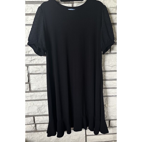 CeCe Shift Dress Clip Dot Sheer Sleeves Black Dress Ruffled Hem Minimalist Sz 2X - Picture 1 of 5